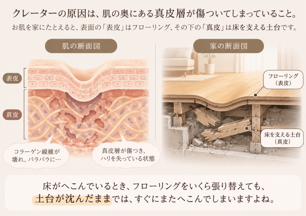 クレーターの原因は真皮層の傷み 肌を家の床と土台にたとえたイメージ